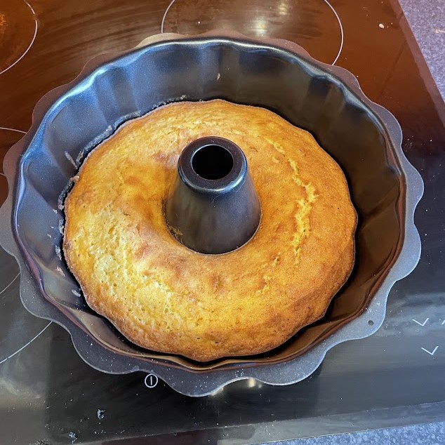 Cake in the Bundt cake tin after baking