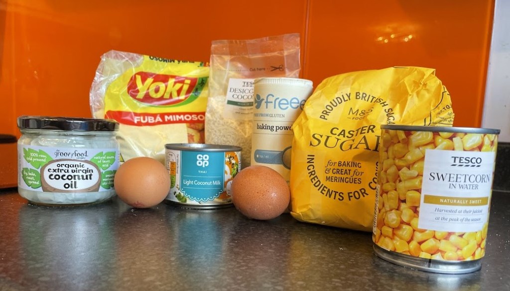 Cake ingredients: coconut oil, fubá, 2 eggs, dessicated coconut, coconut milk, caster sugar, tin of sweetcorn