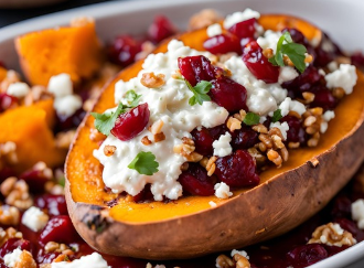 AI generated image of roast sweet potato with walnuts, cranberries and feta