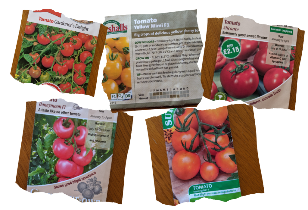 Image of tomato seed packets: Gardener's Delight, Yellow Mimi, Alicante, Honeymoon and Merrygold.