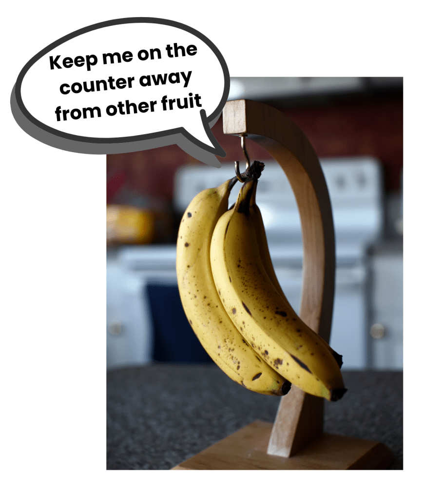 Bananas hanging on fruit stand with speech bubble saying 'keep me on the counter away from other fruit'